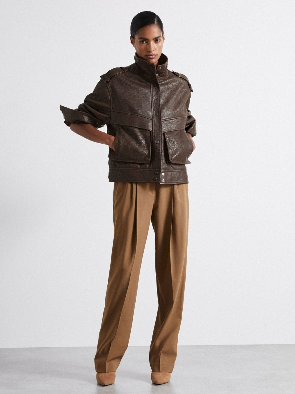 Women Atelier Grained Leather Jacket in Chocolate