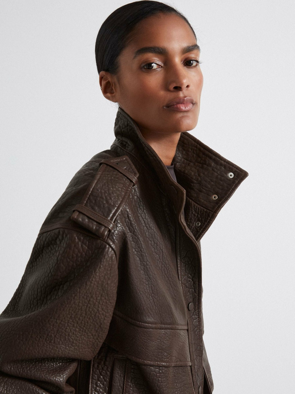 Women Atelier Grained Leather Jacket in Chocolate
