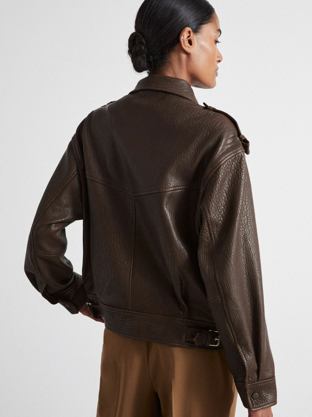 Women Atelier Grained Leather Jacket in Chocolate