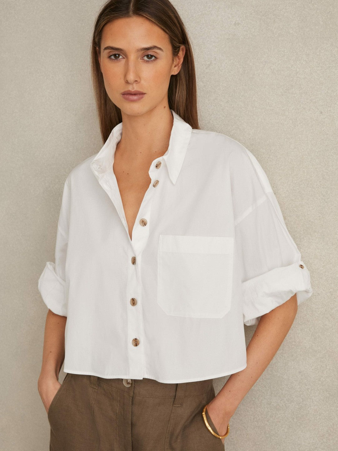 Women Oversize Cotton Cropped Shirt in White