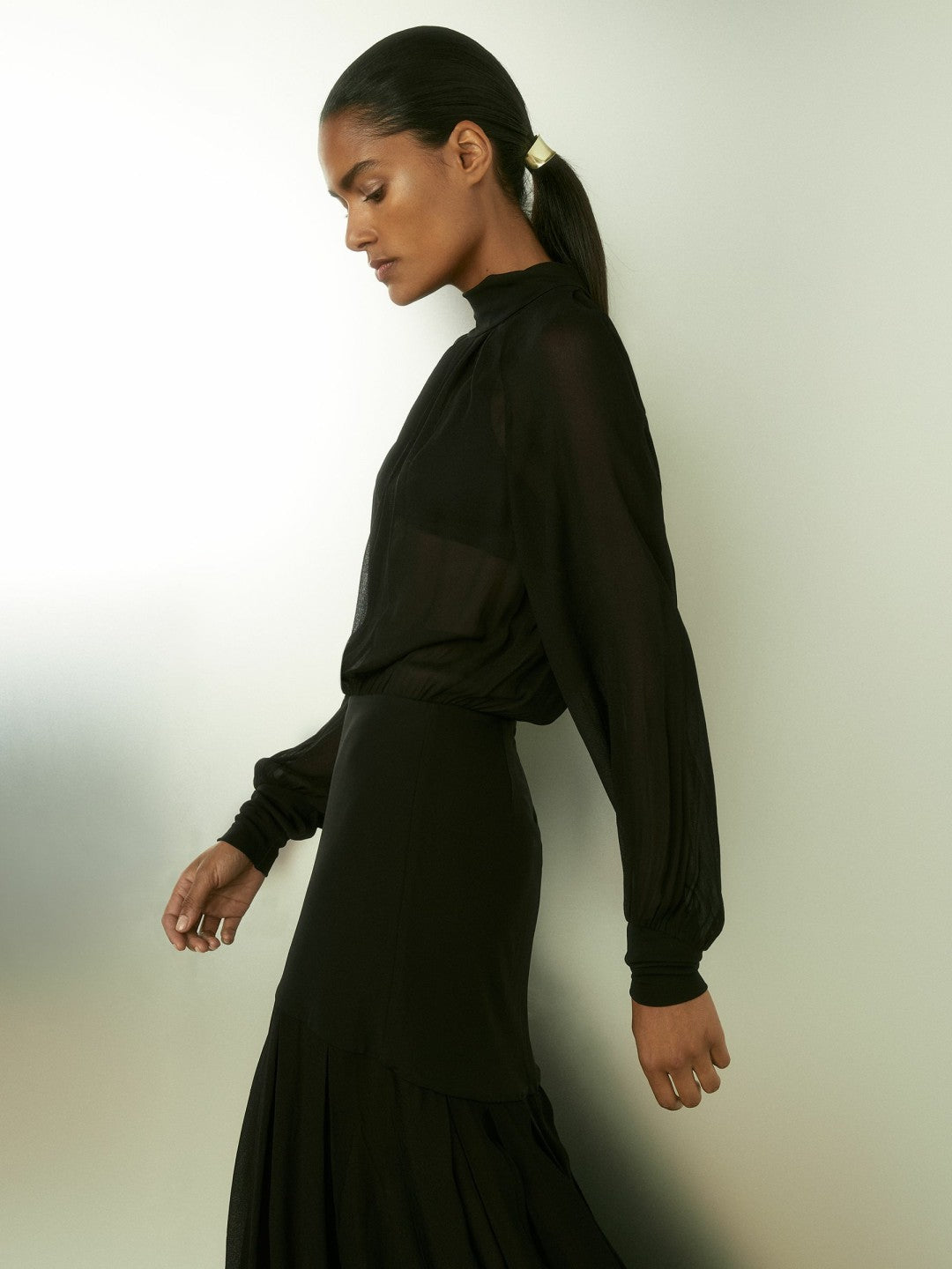 Women Sheer Jersey Gathered Maxi Dress in Black