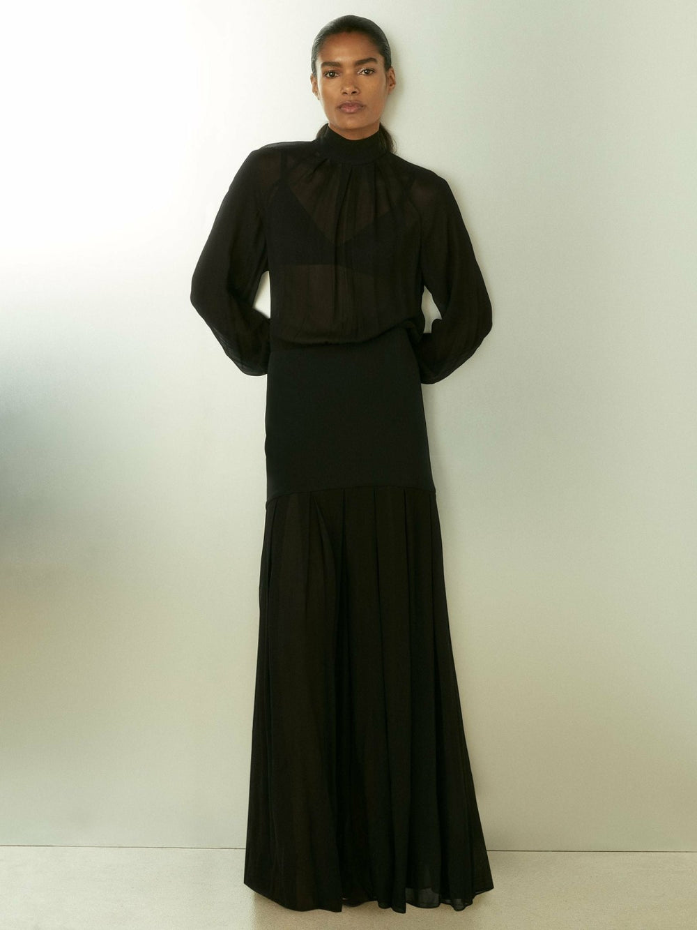 Women Sheer Jersey Gathered Maxi Dress in Black