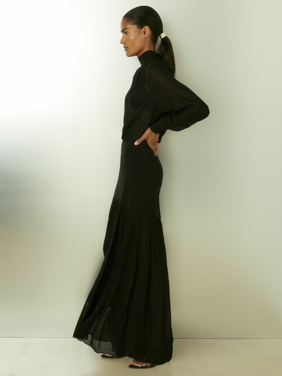 Women Sheer Jersey Gathered Maxi Dress in Black