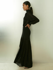 Women Sheer Jersey Gathered Maxi Dress in Black