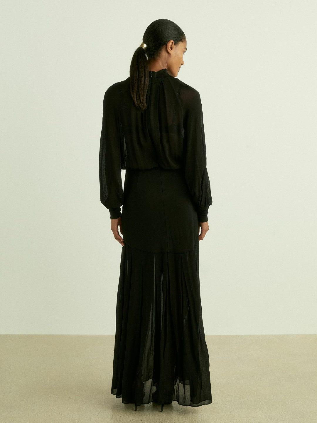 Women Sheer Jersey Gathered Maxi Dress in Black