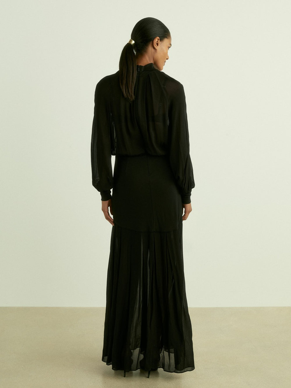 Women Sheer Jersey Gathered Maxi Dress in Black