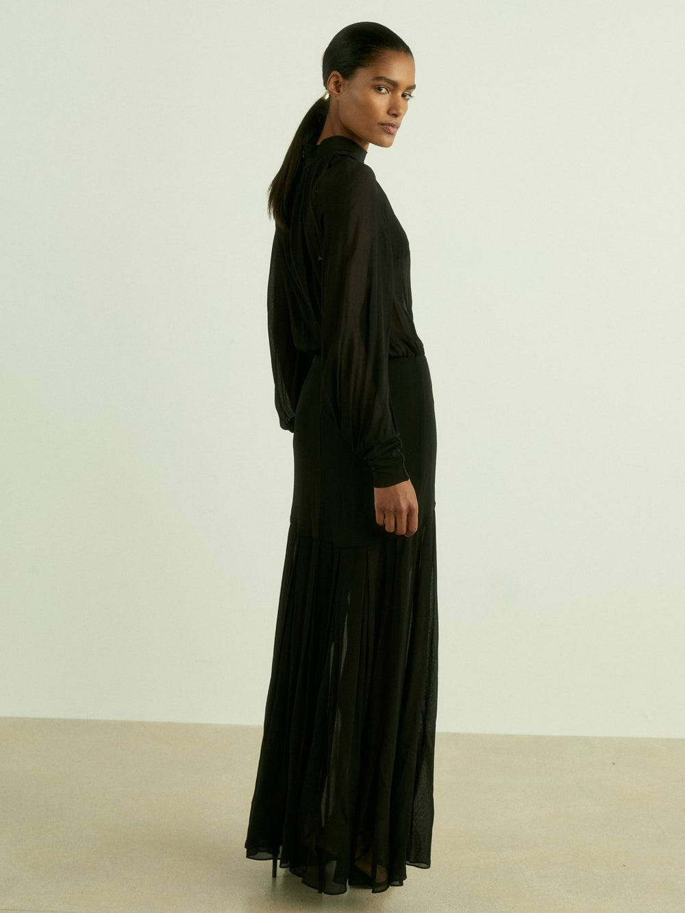 Women Sheer Jersey Gathered Maxi Dress in Black