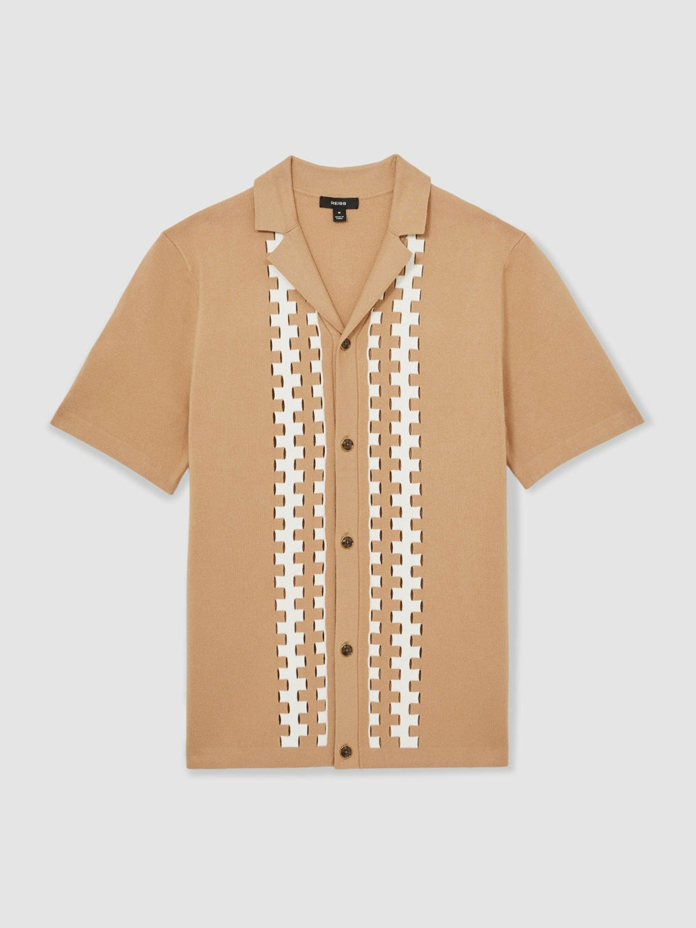 Men Geometric Cuban-Collar Knit Shirt in Camel/Off White