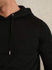Men Merino Wool Drawstring Hoodie in Black