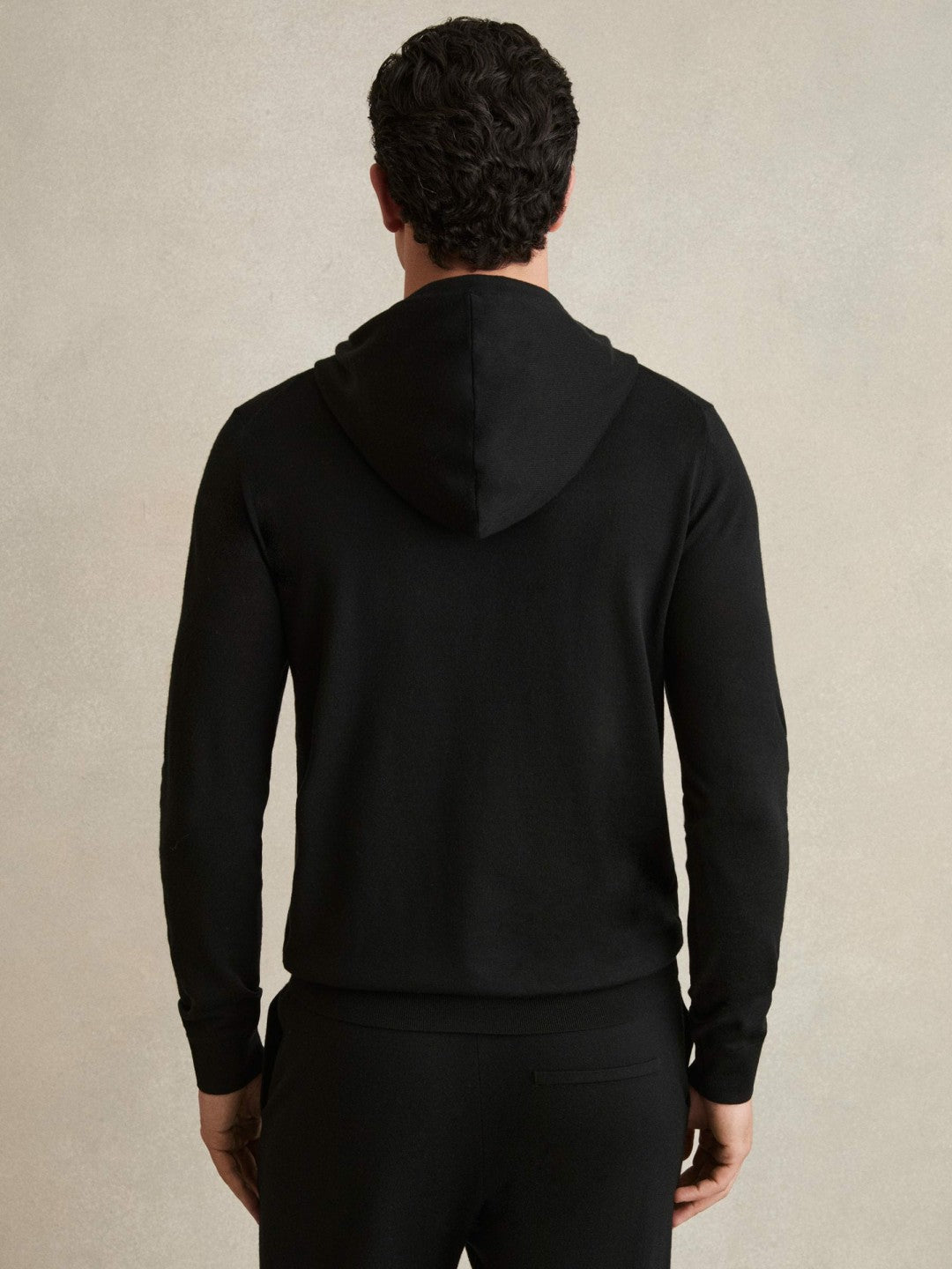 Men Merino Wool Drawstring Hoodie in Black