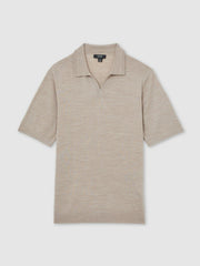 Men Merino Wool Open Collar Polo Shirt in Wheat Melange