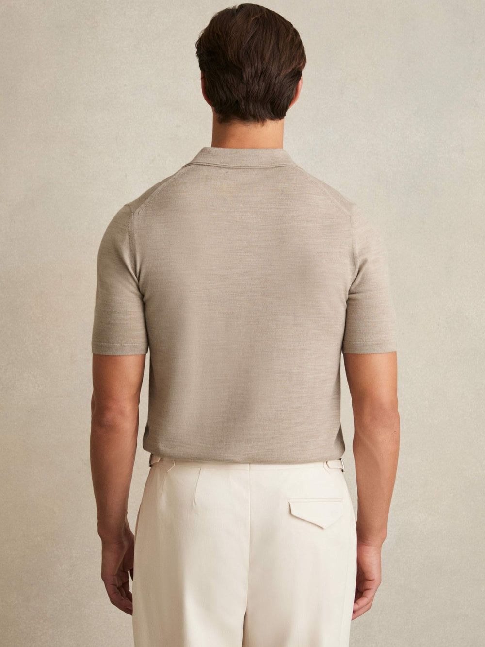 Men Merino Wool Open Collar Polo Shirt in Wheat Melange