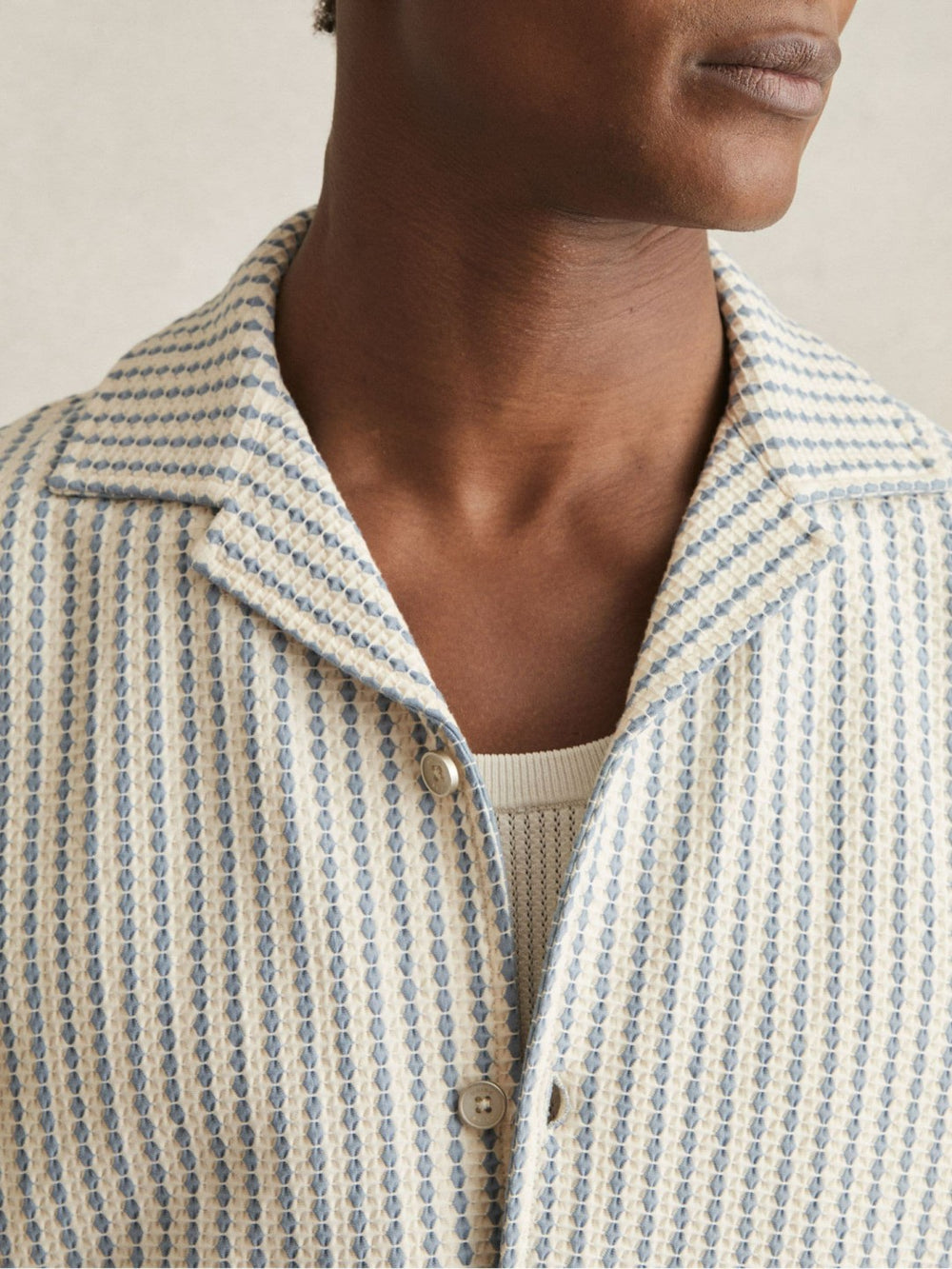 Men Textured-Stripe Cuban-Collar Shirt in White/Soft Blue