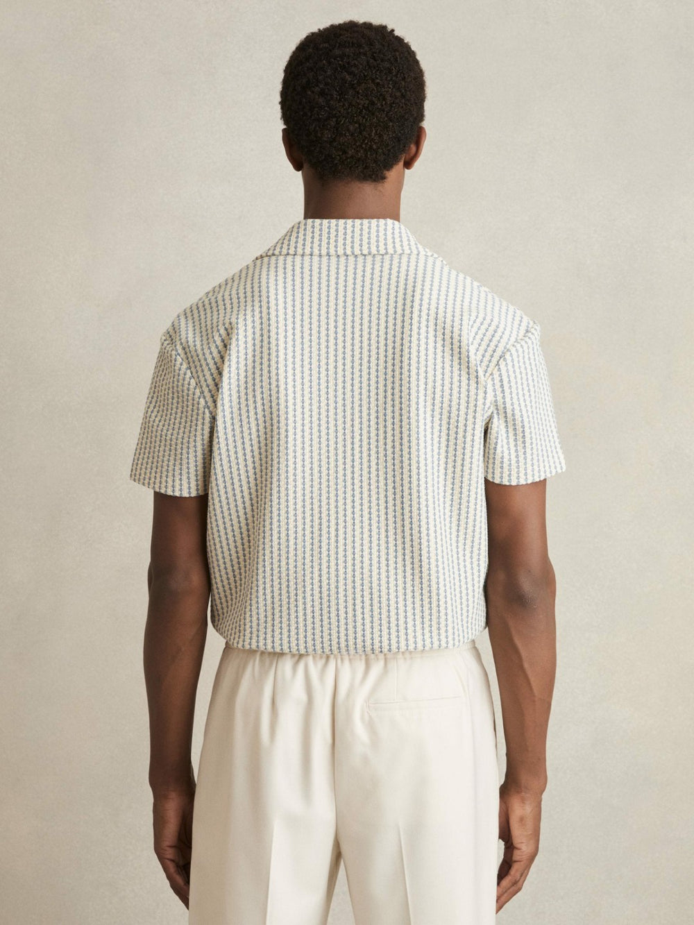 Men Textured-Stripe Cuban-Collar Shirt in White/Soft Blue