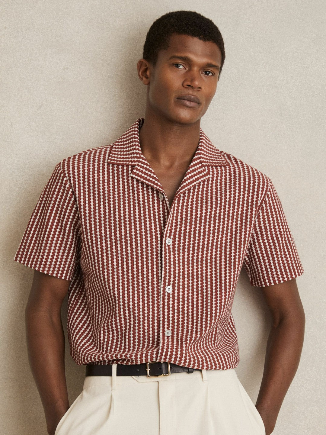 Men Textured-Stripe Cuban-Collar Shirt in Rust Red/White