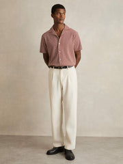 Men Textured-Stripe Cuban-Collar Shirt in Rust Red/White