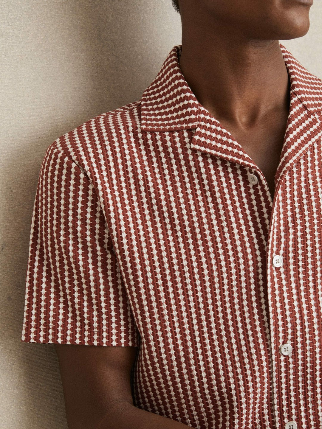 Men Textured-Stripe Cuban-Collar Shirt in Rust Red/White