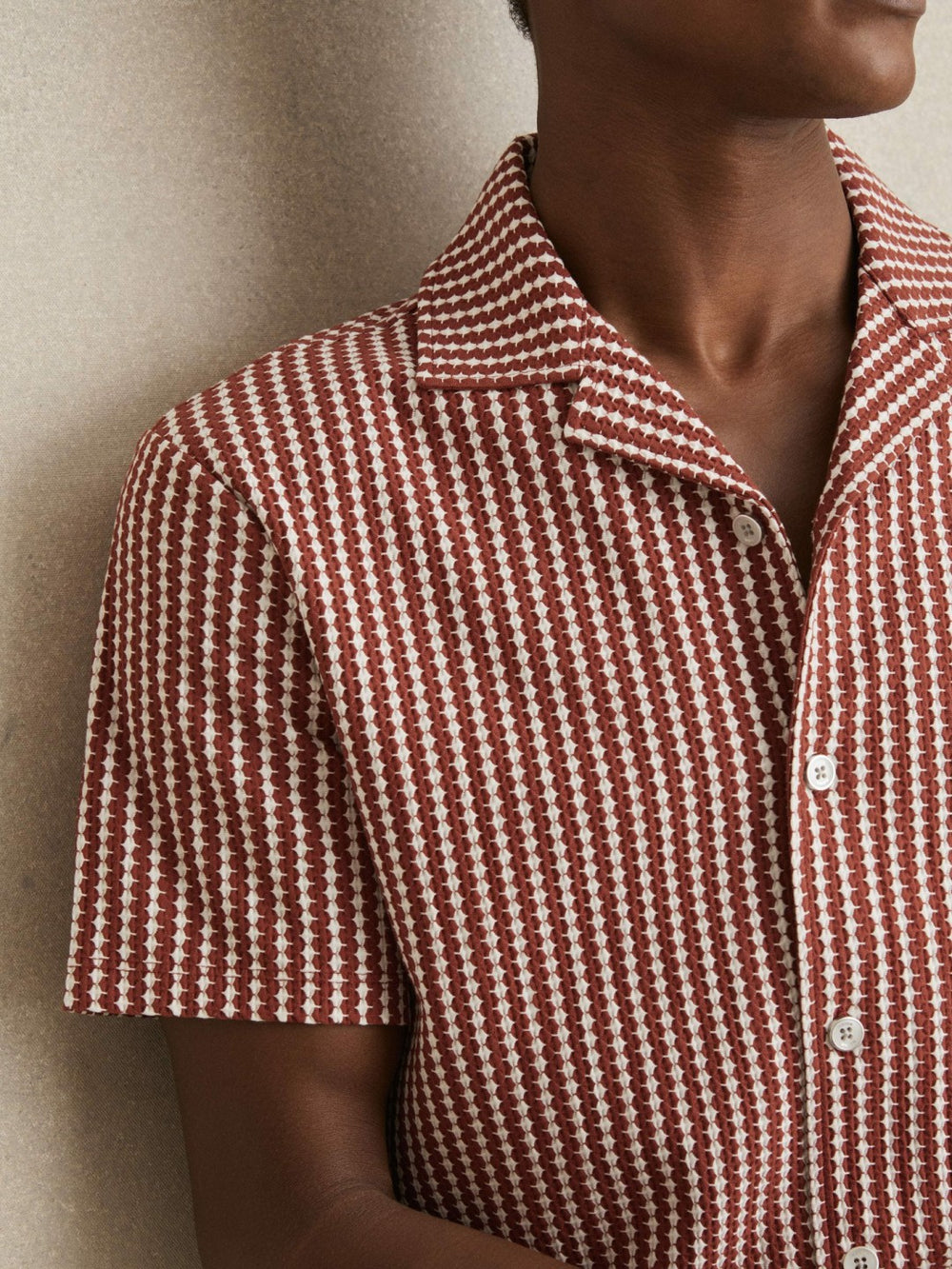 Men Textured-Stripe Cuban-Collar Shirt in Rust Red/White