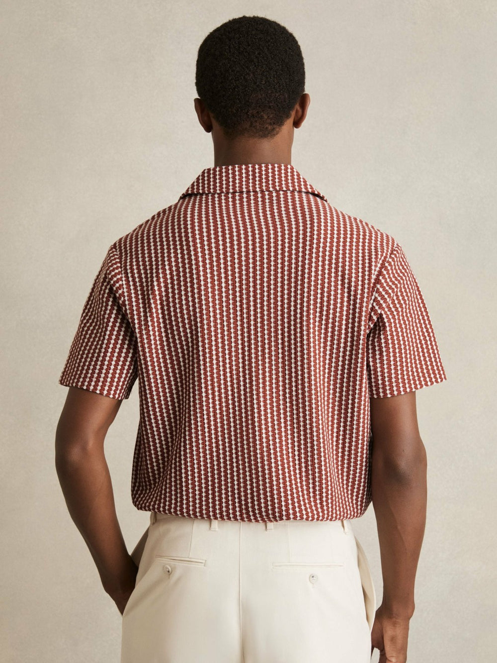 Men Textured-Stripe Cuban-Collar Shirt in Rust Red/White