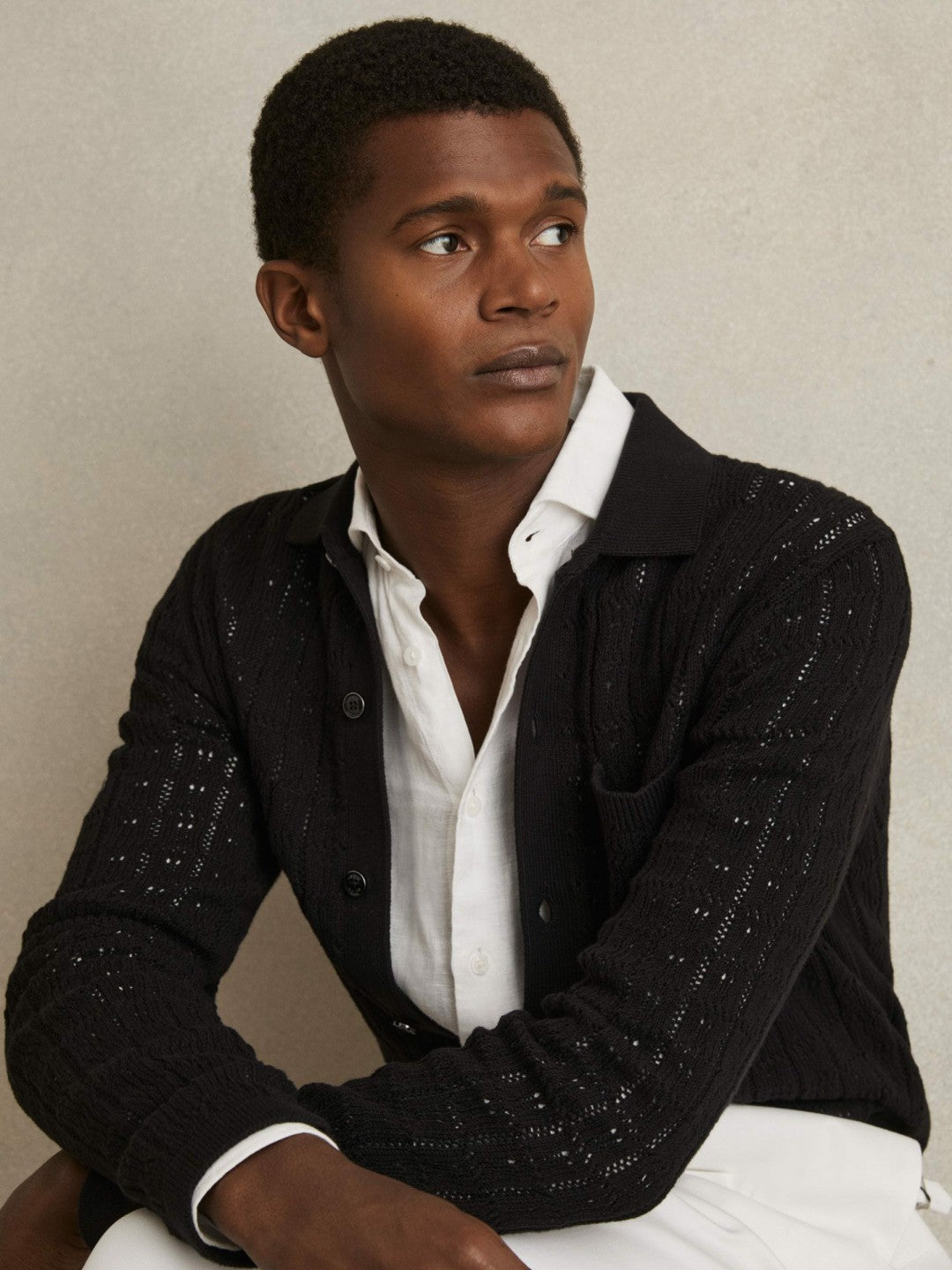 Men Cotton-Blend Textured Knit Shirt in Black