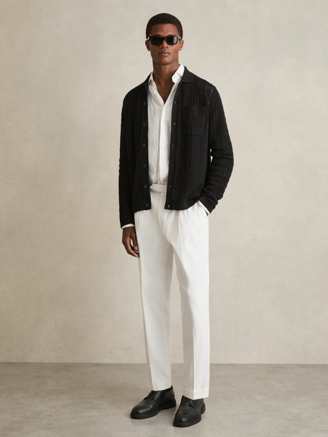 Men Cotton-Blend Textured Knit Shirt in Black