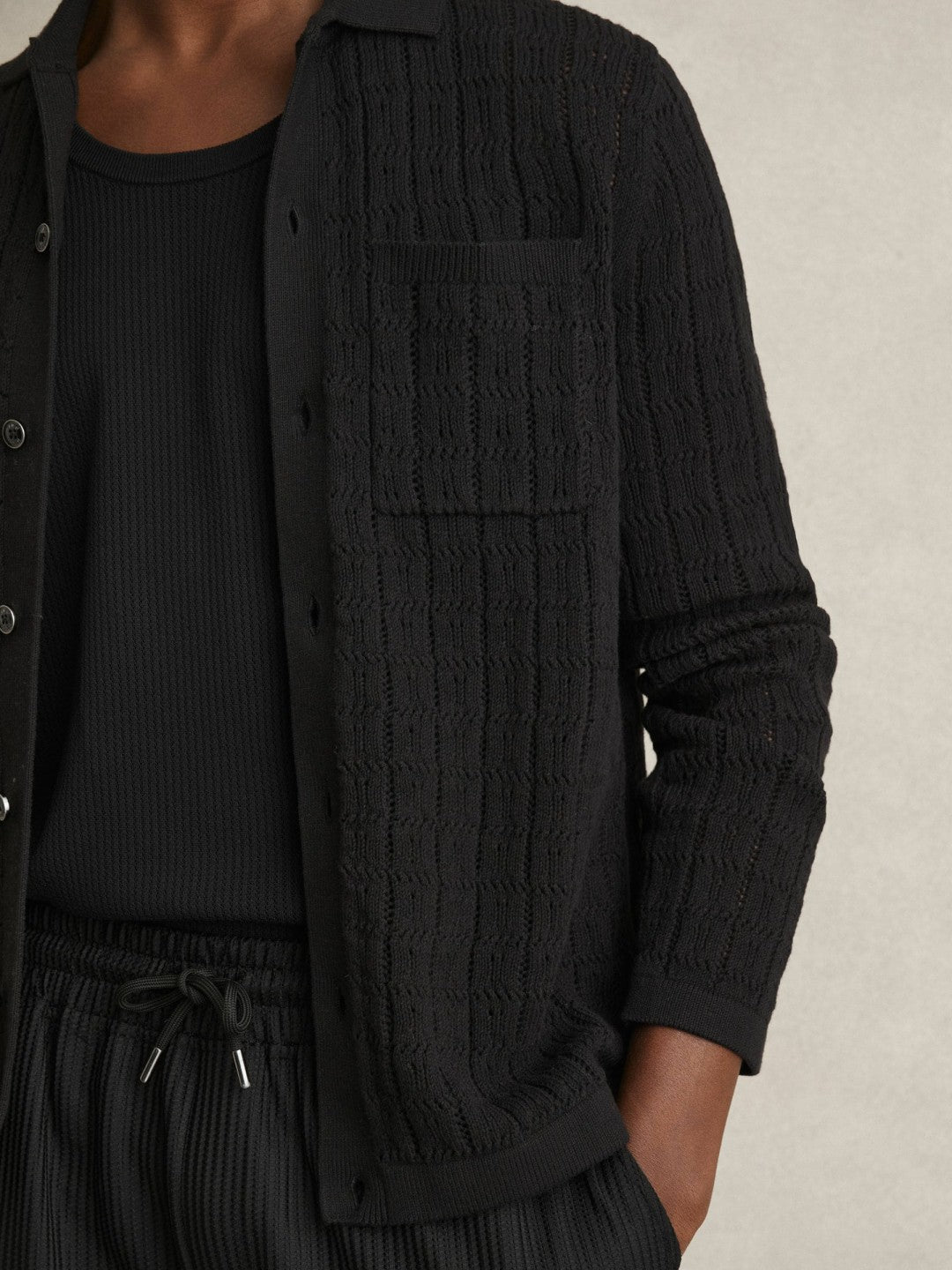 Men Cotton-Blend Textured Knit Shirt in Black