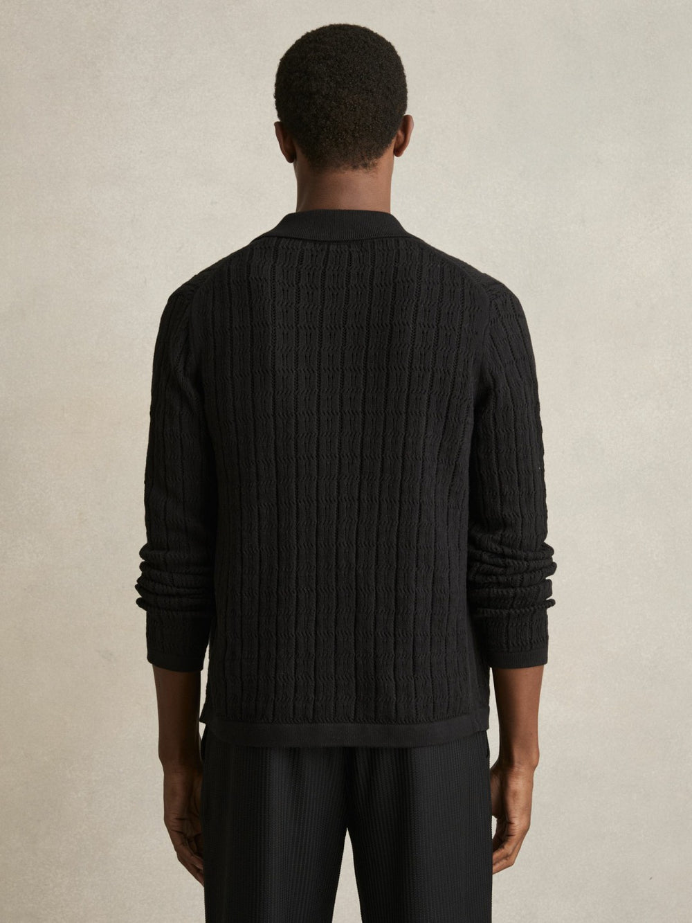 Men Cotton-Blend Textured Knit Shirt in Black