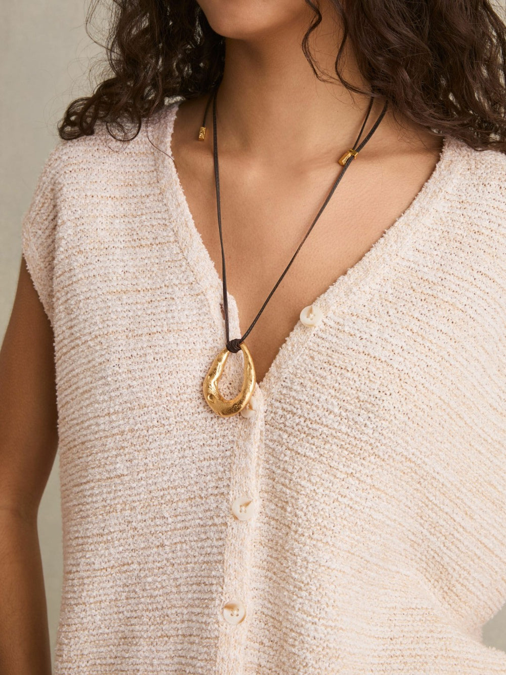 Women Cotton-Linen Button-Through Knit Top in Ivory
