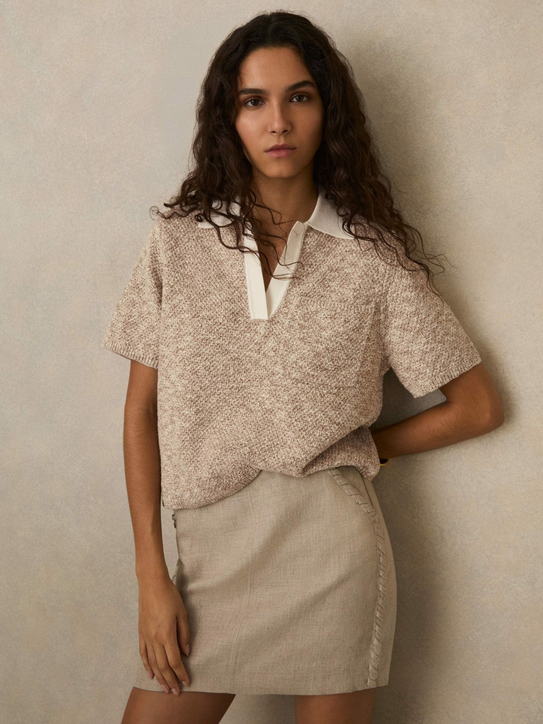 Women Cotton-Blend Knit Polo Shirt in Neutral