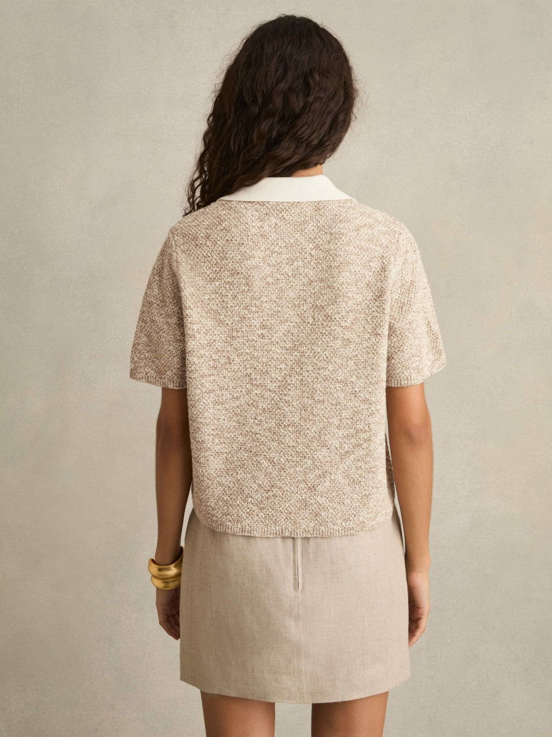 Women Cotton-Blend Knit Polo Shirt in Neutral