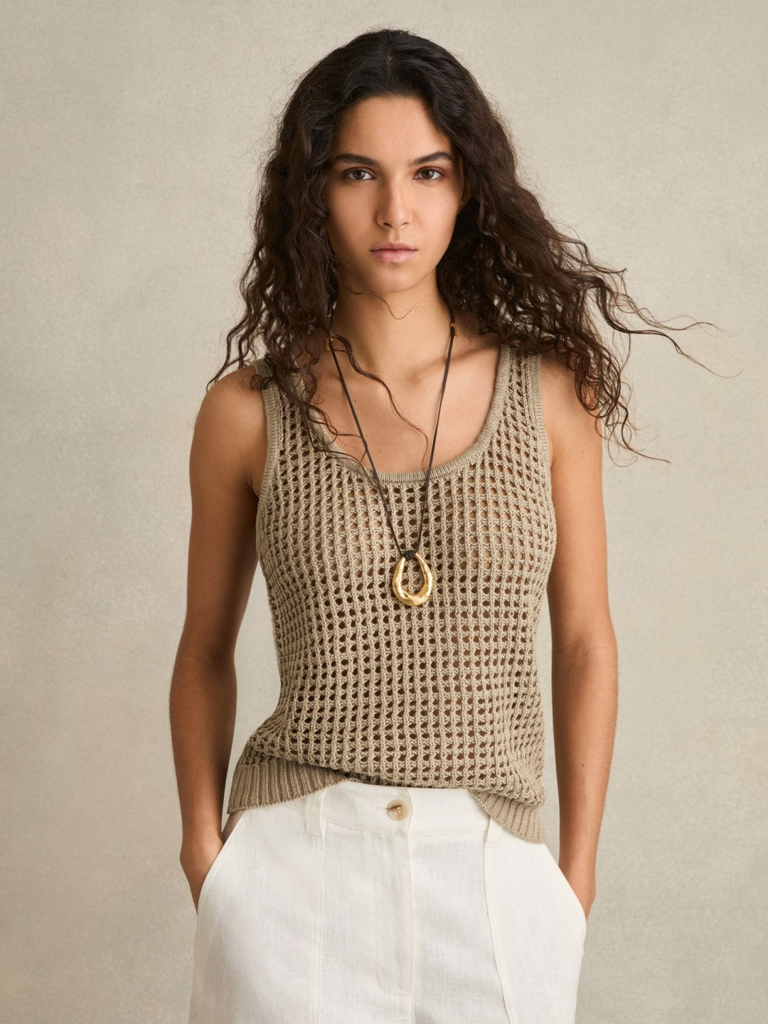 Women Linen Open Knit Vest in Stone