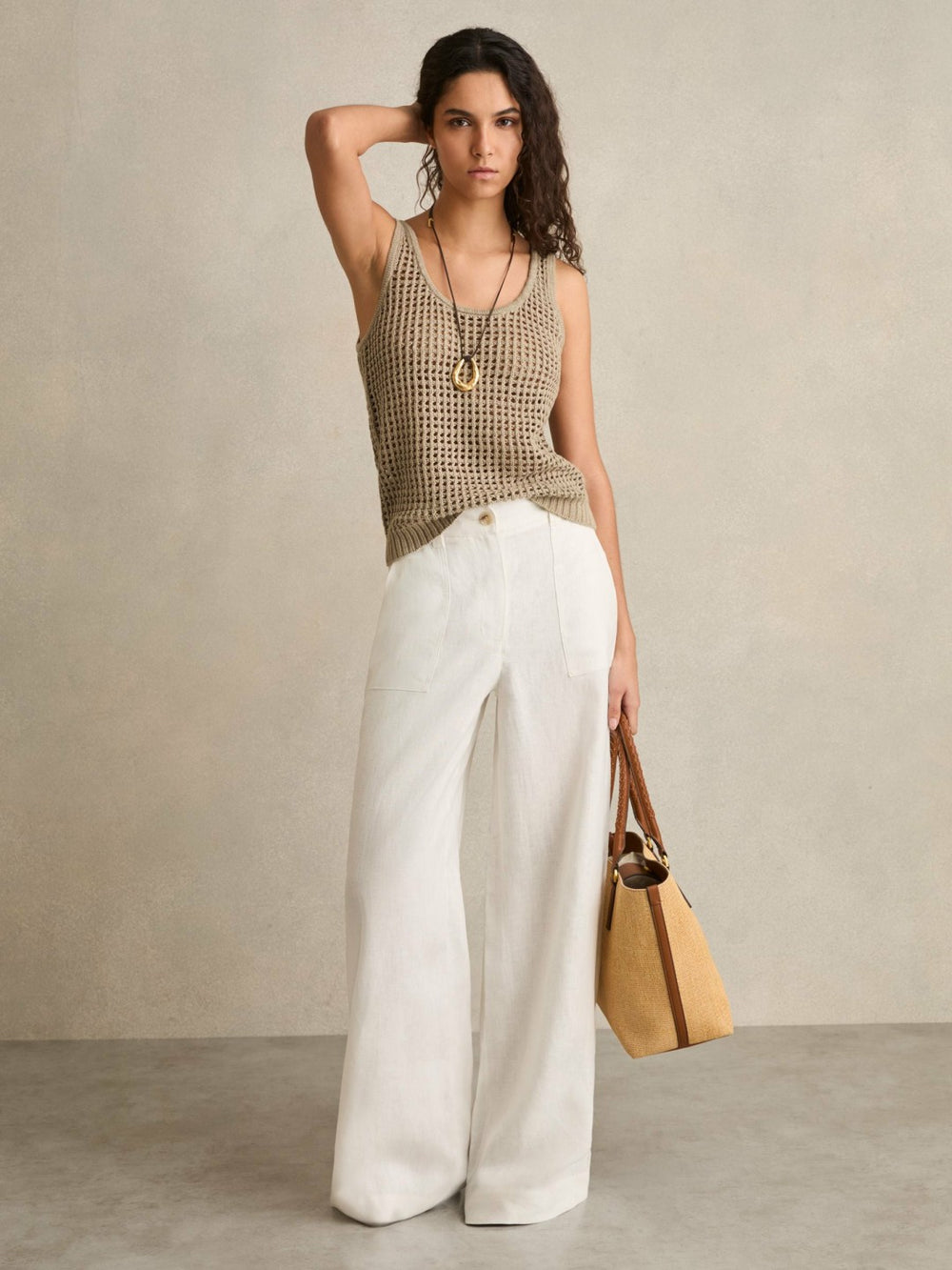Women Linen Open Knit Vest in Stone