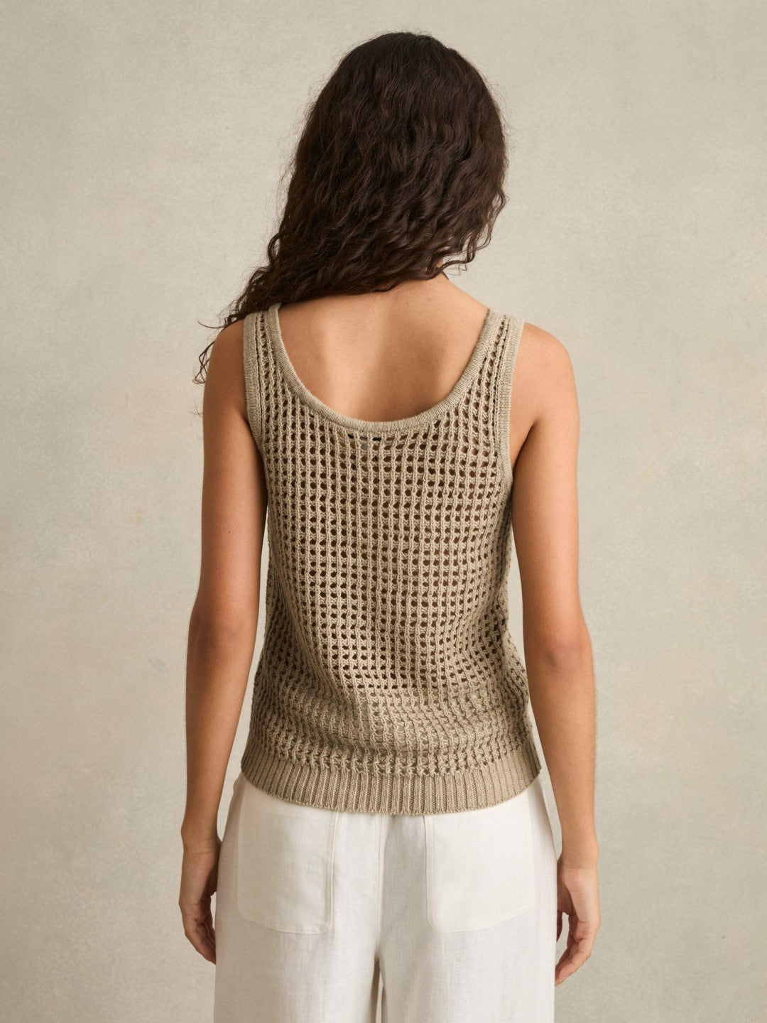 Women Linen Open Knit Vest in Stone