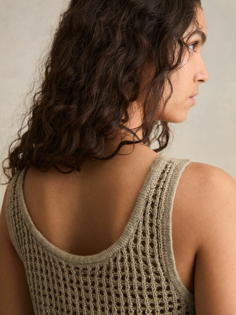 Women Linen Open Knit Vest in Stone