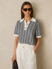 Women Zig-Zag Knit Polo Shirt in Blue/Ivory