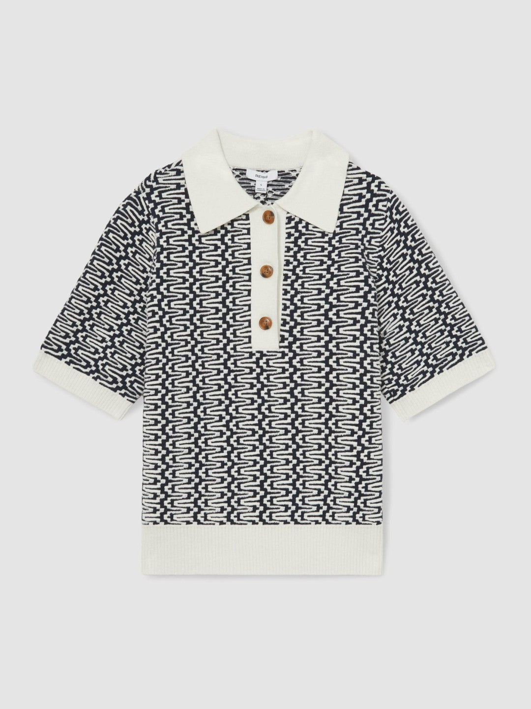 Women Zig-Zag Knit Polo Shirt in Blue/Ivory