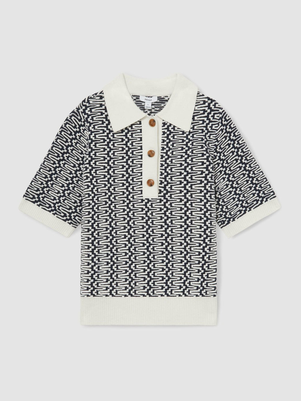 Women Zig-Zag Knit Polo Shirt in Blue/Ivory