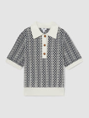 Women Zig-Zag Knit Polo Shirt in Blue/Ivory