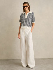 Women Zig-Zag Knit Polo Shirt in Blue/Ivory