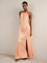 Women Petite Satin Halterneck Maxi Dress in Peach