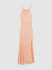Women Petite Satin Halterneck Maxi Dress in Peach