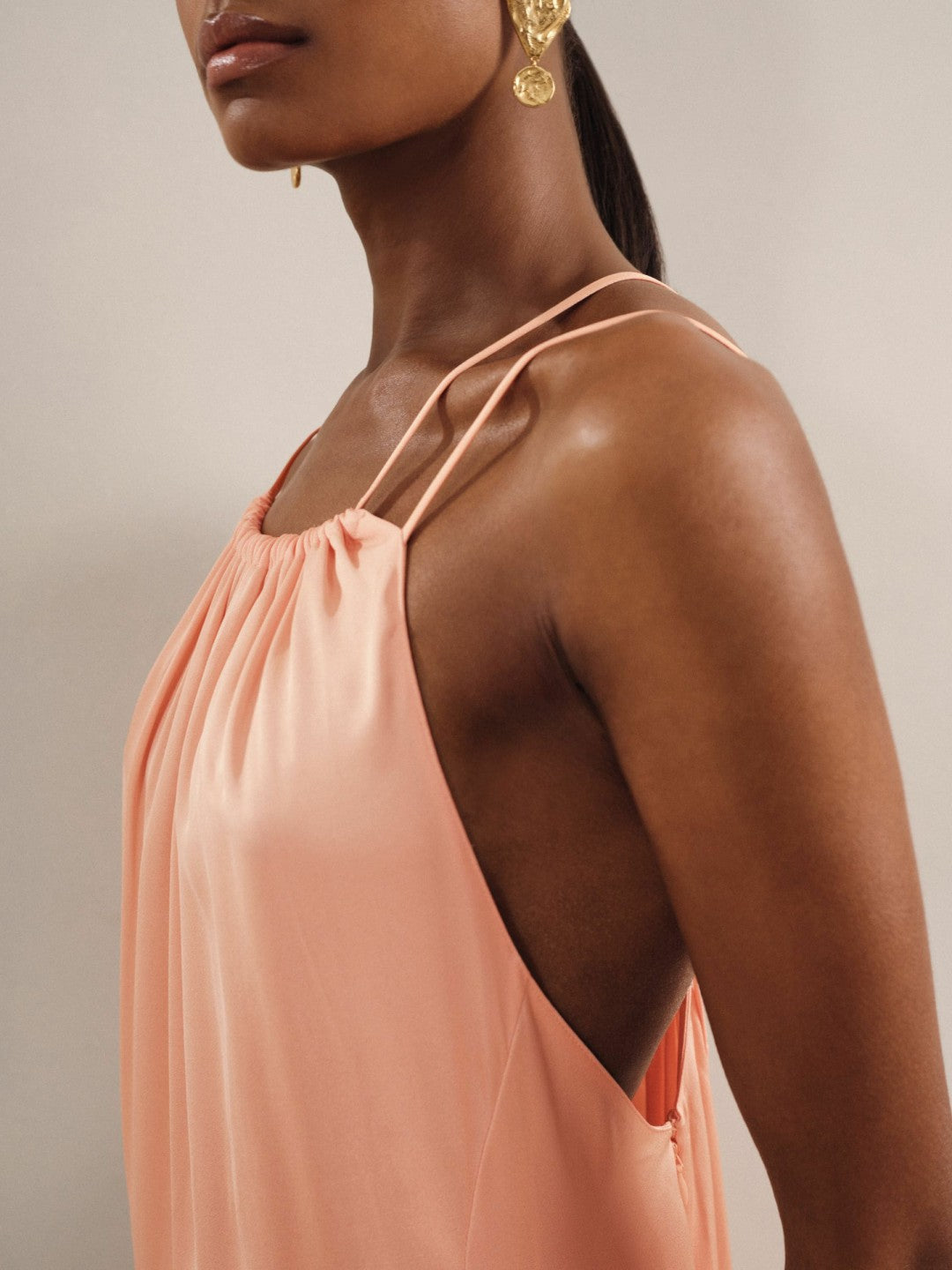 Women Petite Satin Halterneck Maxi Dress in Peach