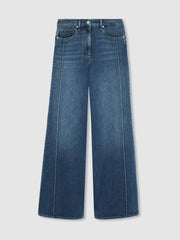 Women Petite Stretch-Cotton Wide-Leg Jeans in Mid Blue