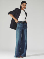 Women Petite Stretch-Cotton Wide-Leg Jeans in Mid Blue