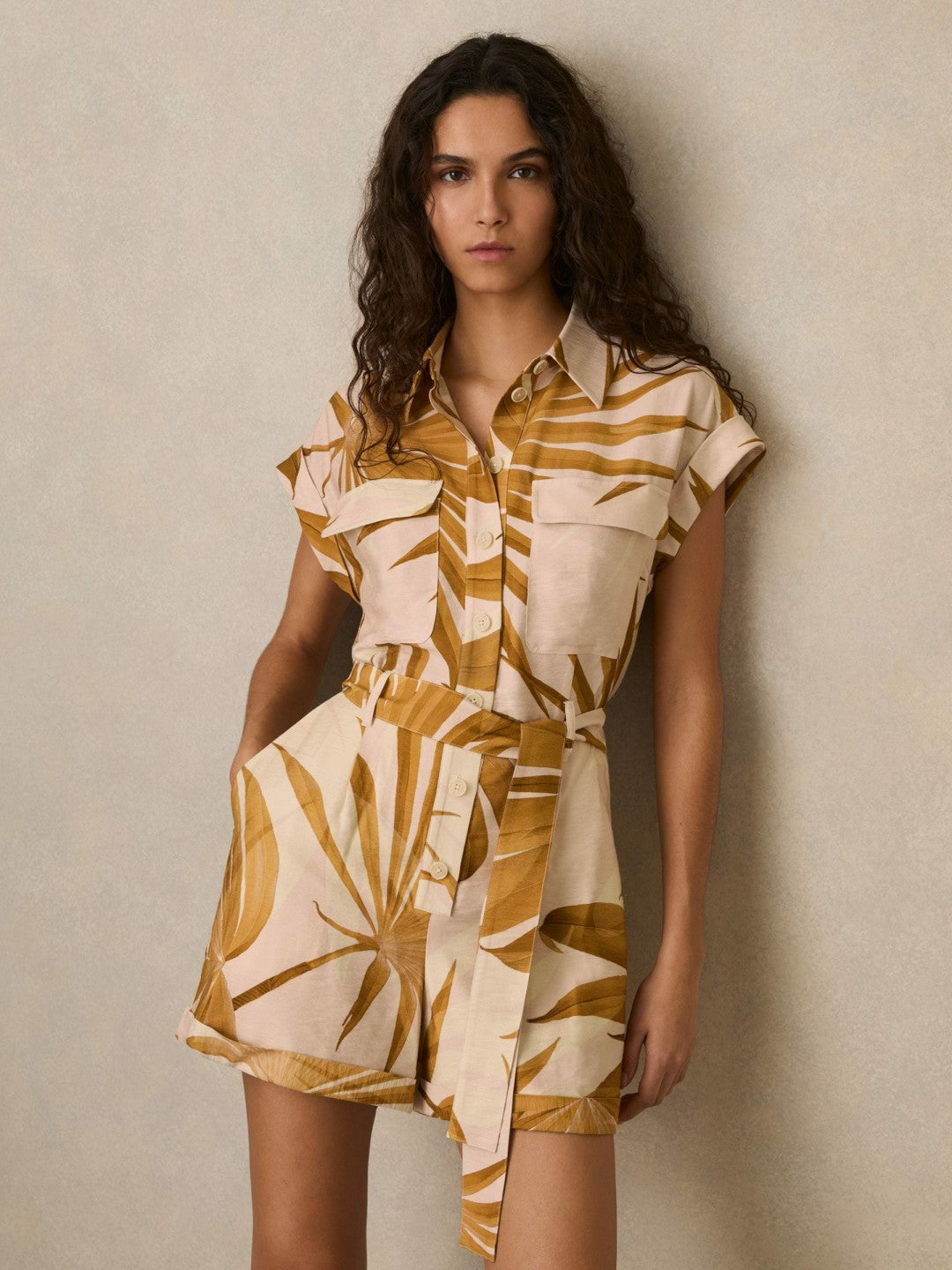 Women Palm Print Belted Playsuit in Neutral