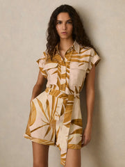 Women Palm Print Belted Playsuit in Neutral