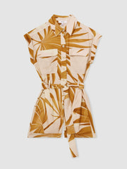 Women Palm Print Belted Playsuit in Neutral