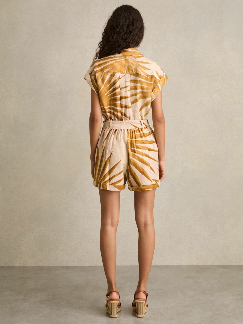 Women Palm Print Belted Playsuit in Neutral