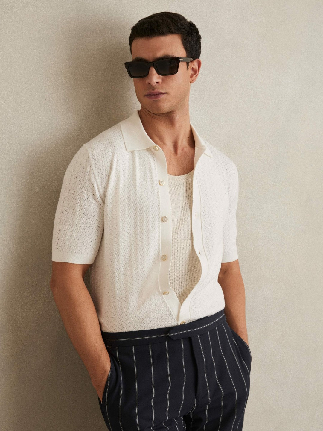 Men Textured Knit Button-Through Shirt in White