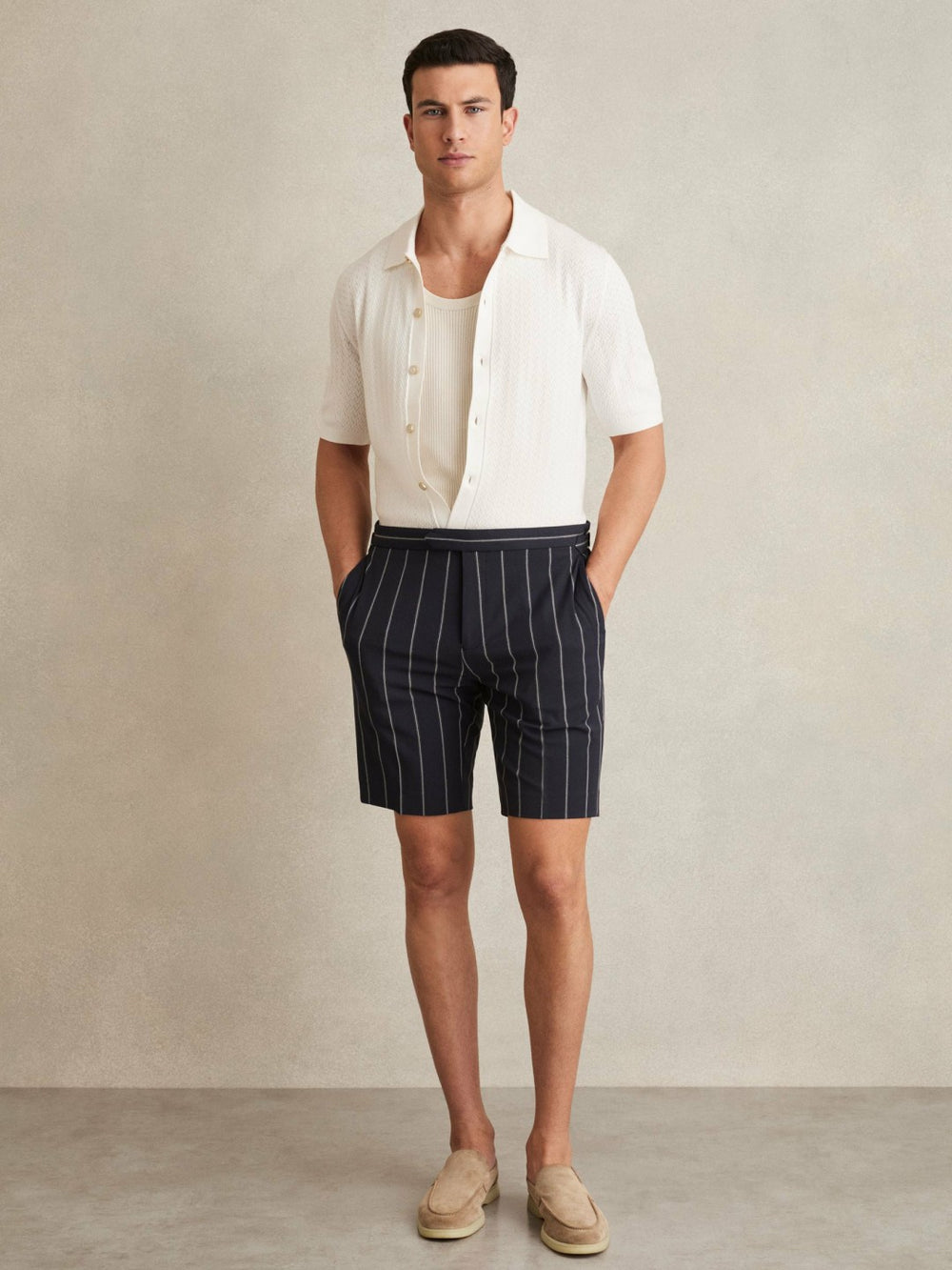Men Textured Knit Button-Through Shirt in White